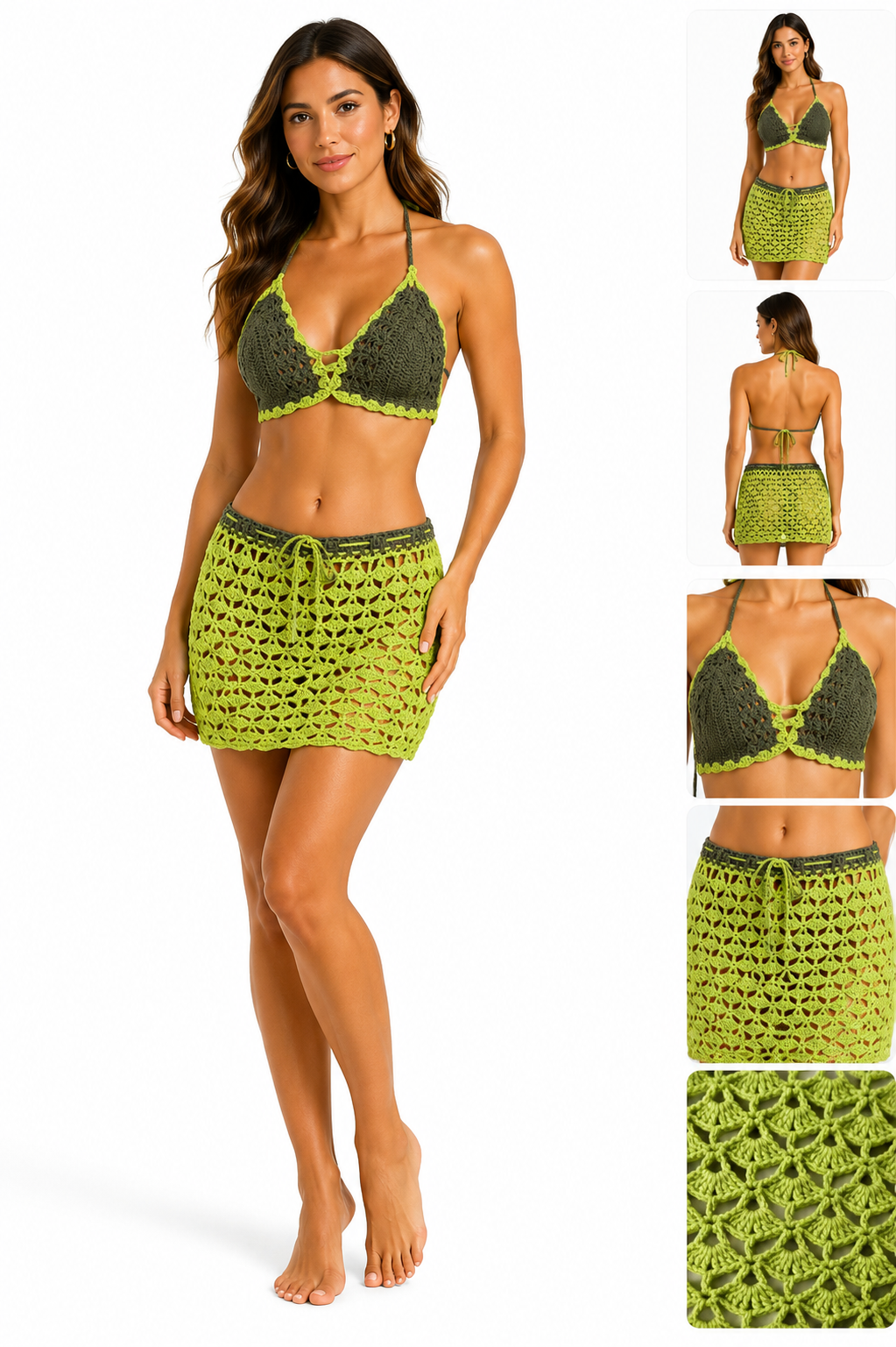 Olive & Lime Green Two-Piece Cover-Up |Handmade Crochet Beach Set |