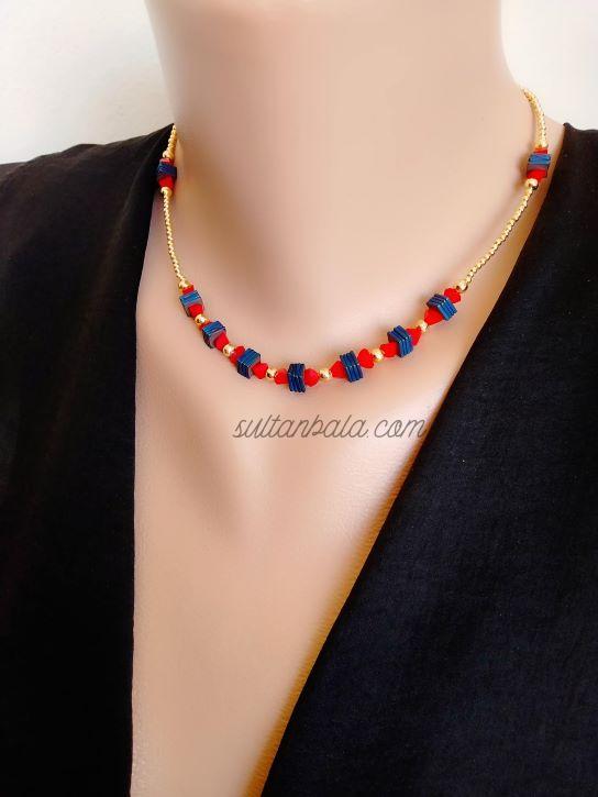 Dark Blue Hematite and Red Bead Necklace
