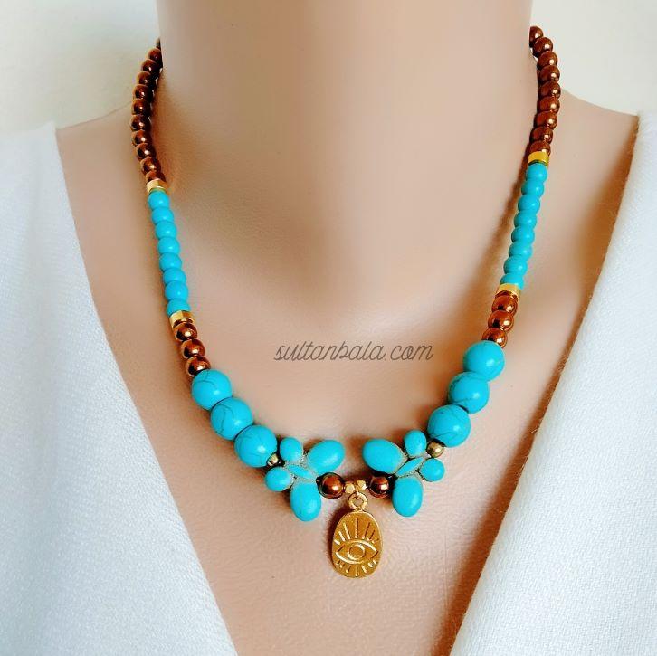 Hematite and Turquoise Necklace with Charm