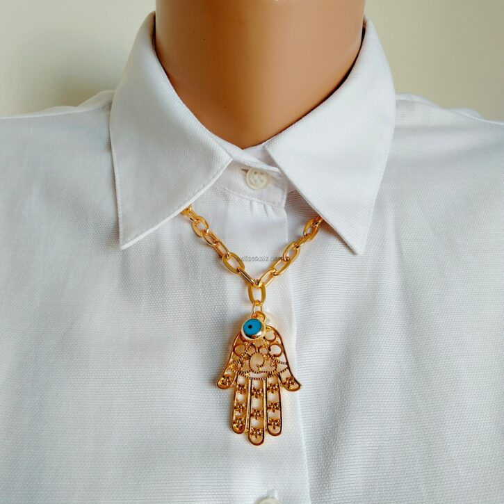 24K Gold-Plated Evil Eye Hamsa Hand Necklace with Chain