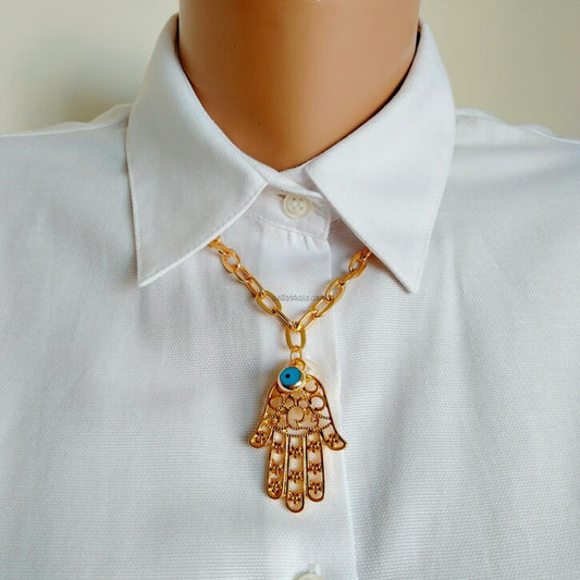 24K Gold-Plated Evil Eye Hamsa Hand Necklace with Chain