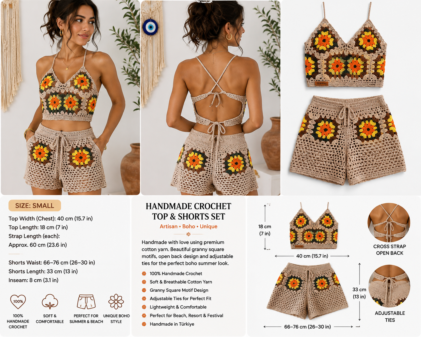 Handmade Crochet Granny Square Top & Shorts Set β Boho Summer Two Piece Outfit