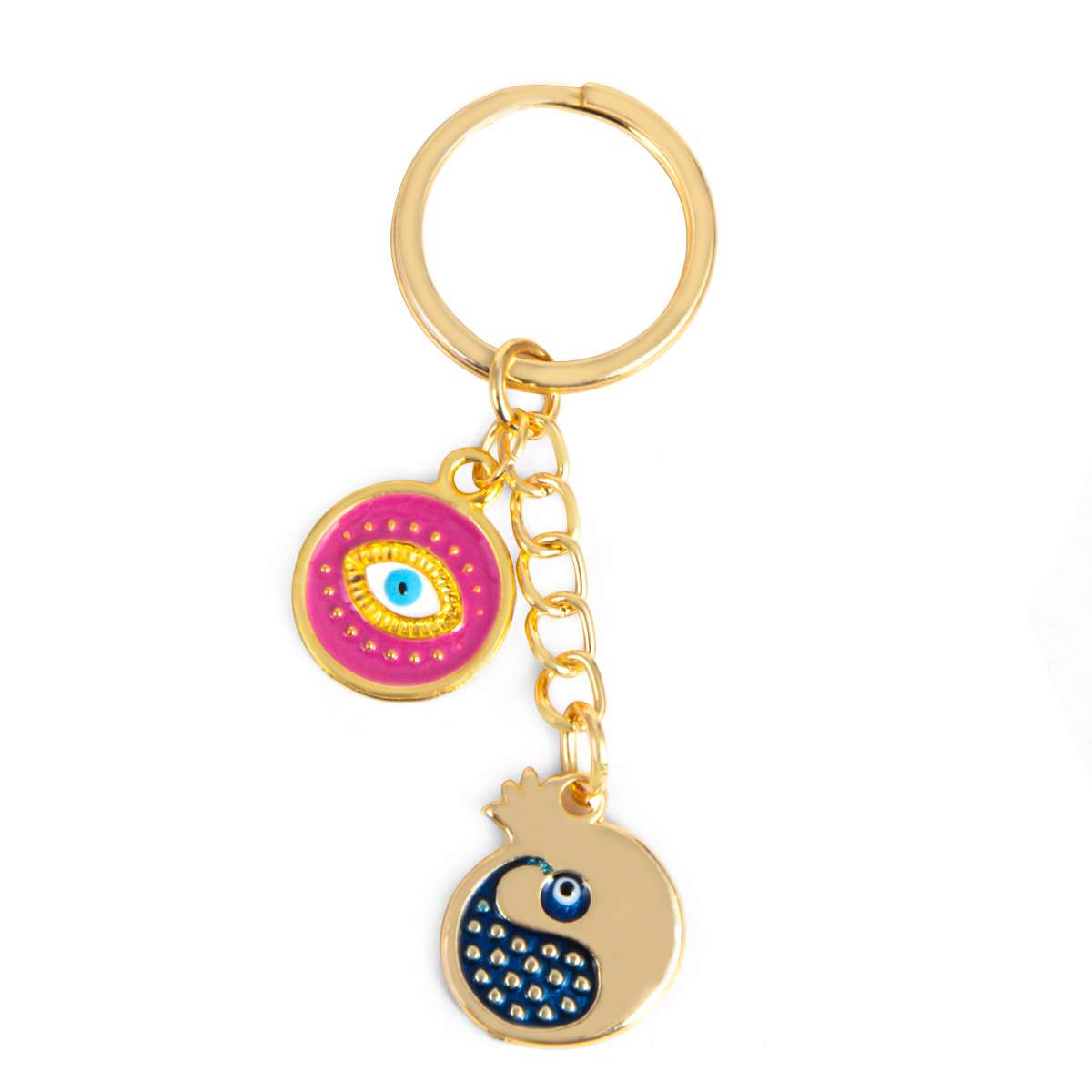 Evil Eye & Pomegranate Metal Keychain – Gold-Tone Turkish Nazar Charm | Bag & Key Accessory