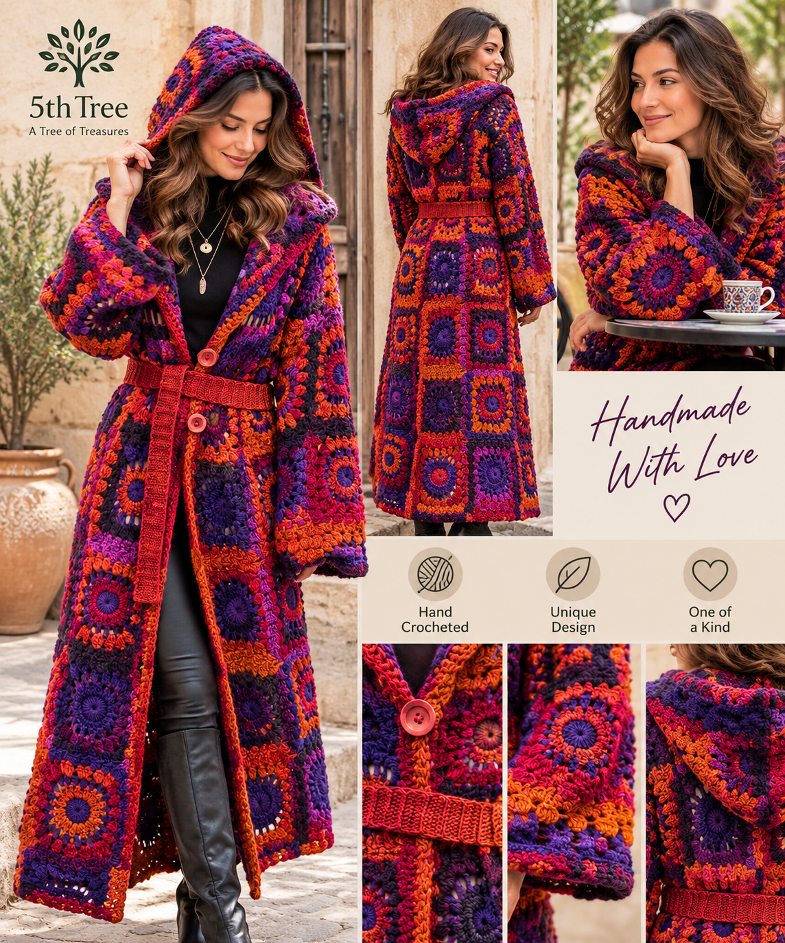 Handmade Hooded Crochet Coat | Long Granny Square Cardigan – One of a Kind