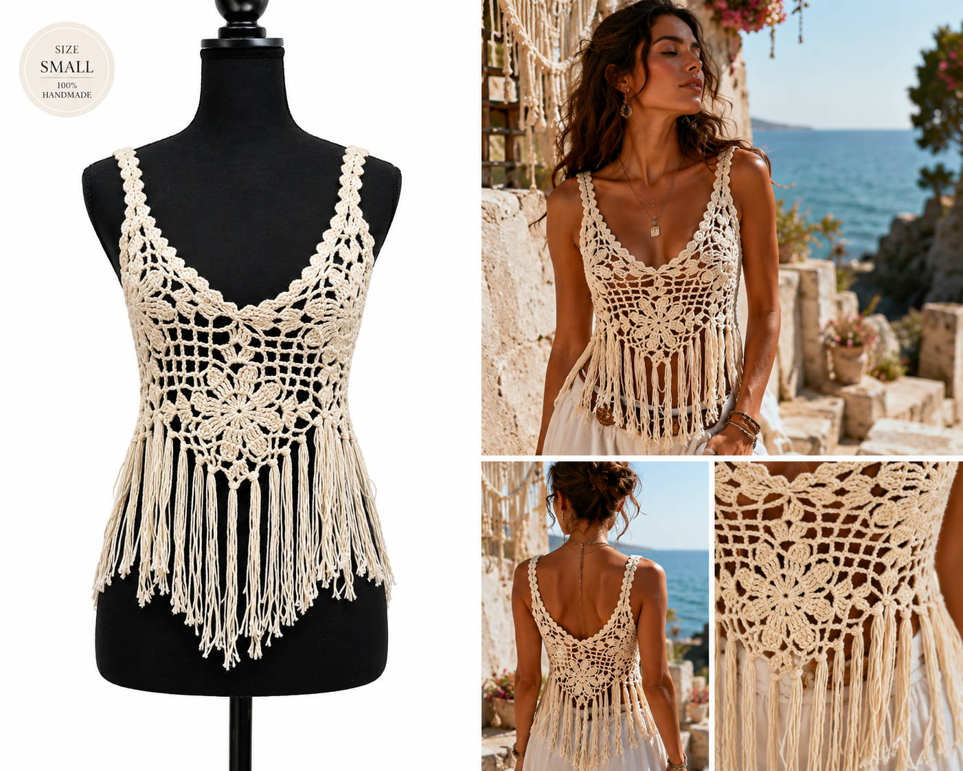 Handmade Crochet Fringe Bustier Top – Cream Boho Festival Crop Top | Women's Beachwear
