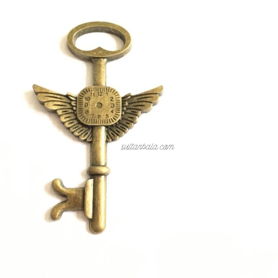 Antique Winged Key Necklace With Black Cord