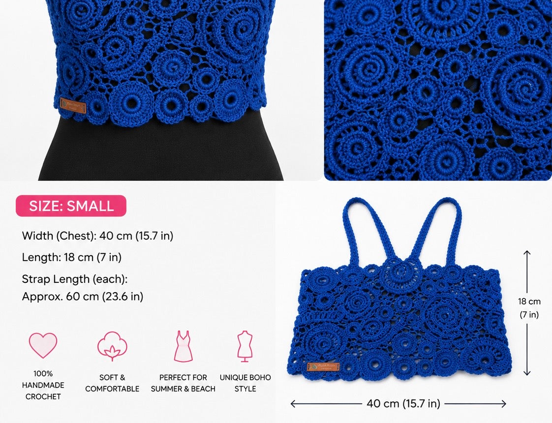 Handmade Royal Blue Irish Crochet Crop Top – Boho Summer Halter Top