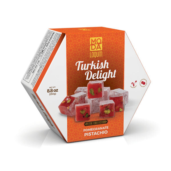 A hexagonal box of Moda Loqum Turkish Delight pomegranate pistachio, featuring an orange and white design with illustrations of red and pink Turkish delight cubes.