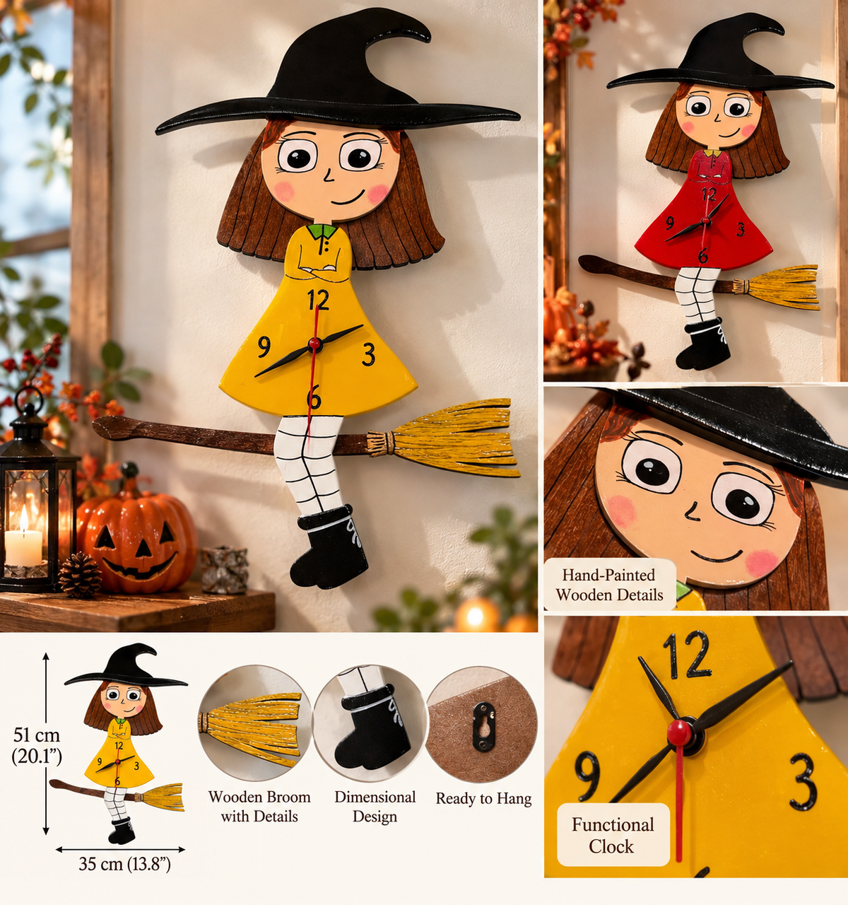 Hand-Painted Wooden Witch Wall Clock with Broom – 51 × 35 cm | Halloween Decor