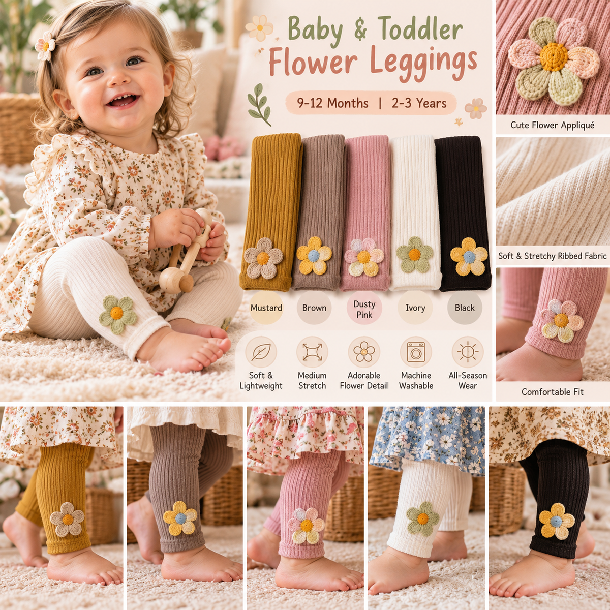 Baby & Toddler Ribbed Flower Leggings – Stretchy Floral Appliqué Pants – 5 Colors