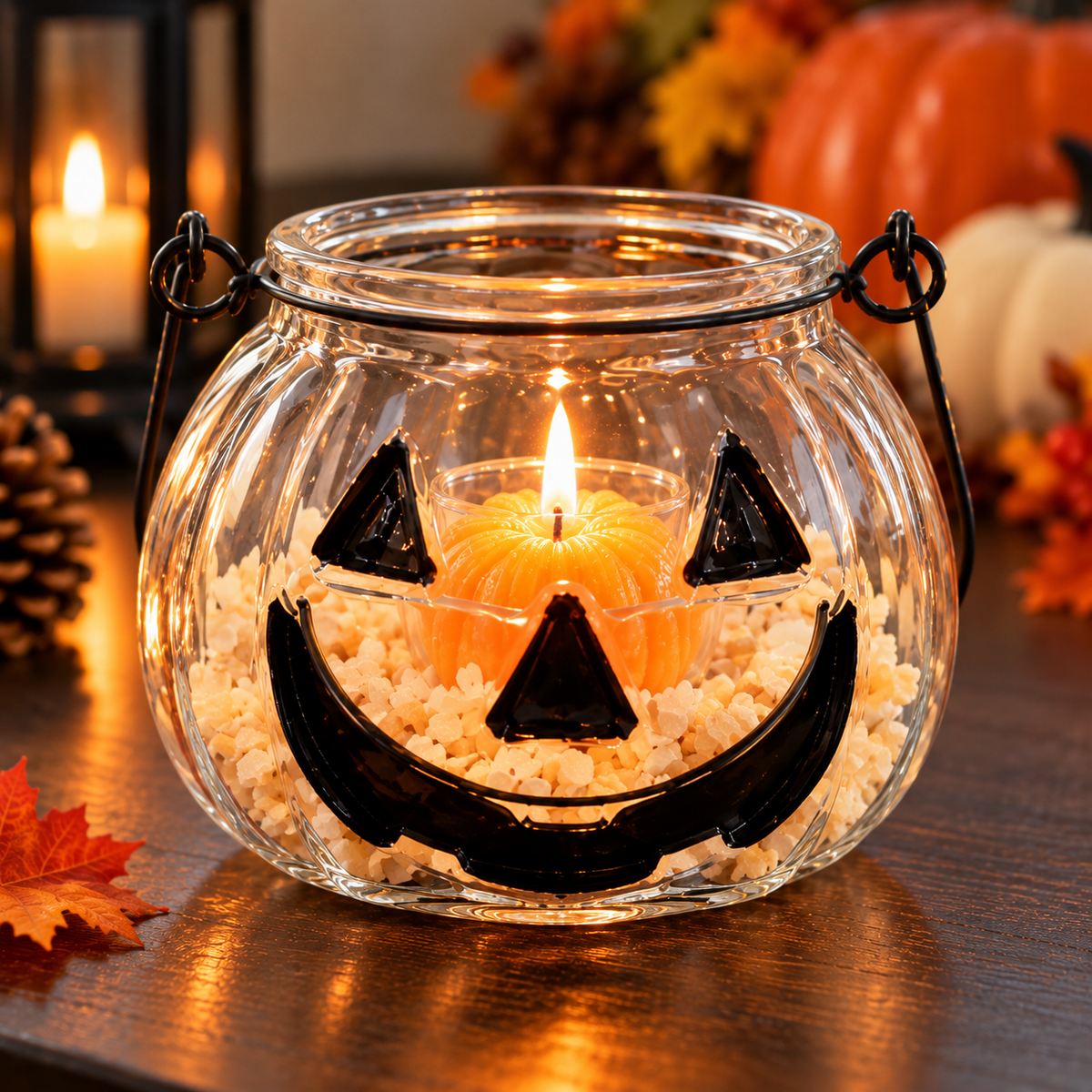 Glass Pumpkin Tealight Holder Set with Pumpkin Candle – Halloween Jack-O’-Lantern Decor