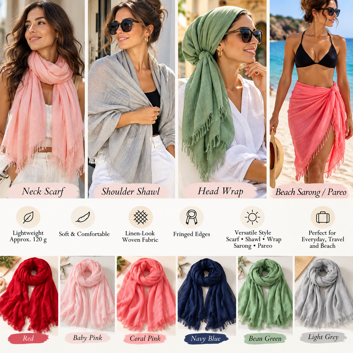 Women's Lightweight Solid Color Scarf, Shawl & Beach Wrap – Fringed Sarong Pareo