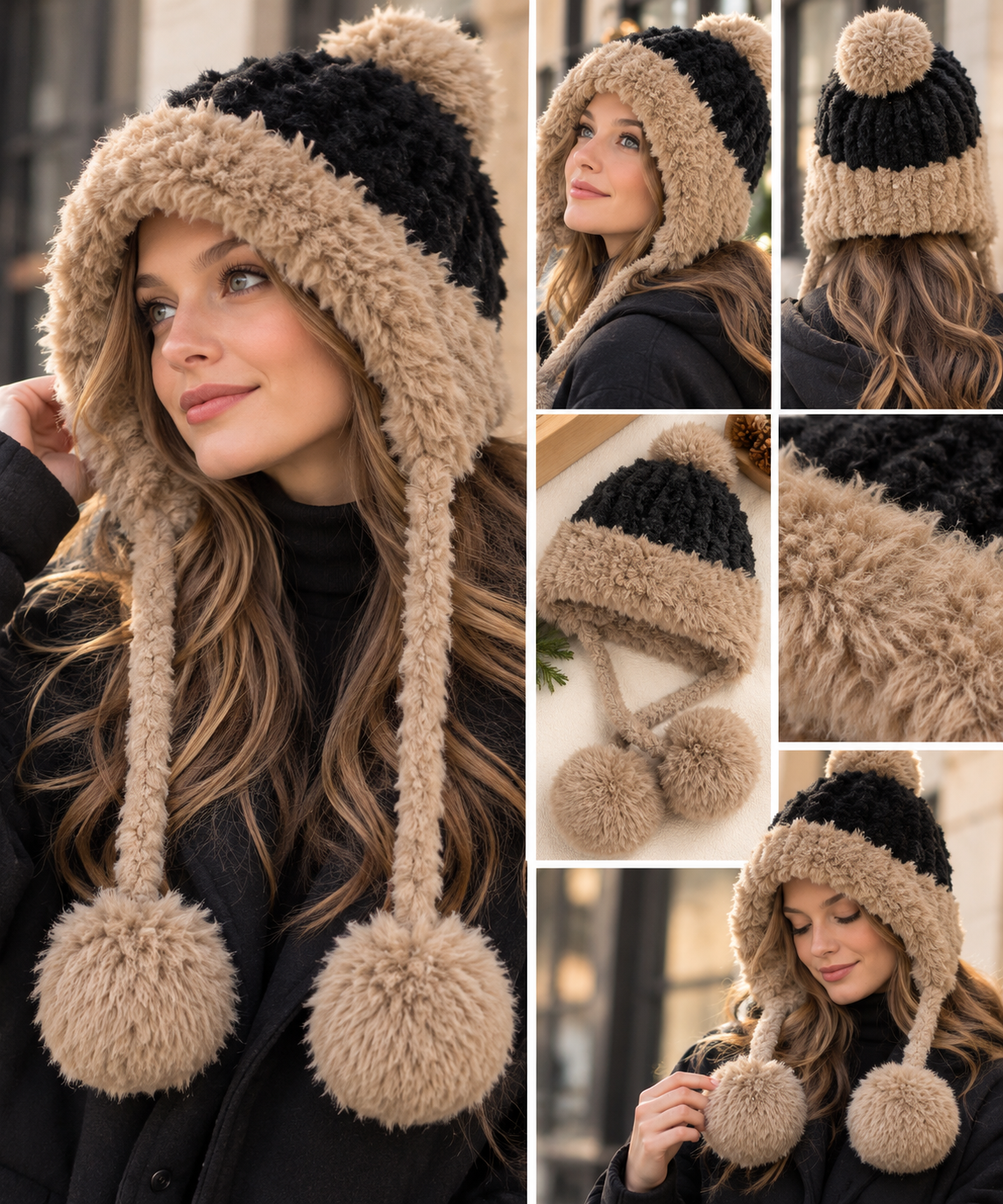 Ultra-Soft Two-Tone Plush Winter Hat with Pom-Pom Ties – Cozy Earflap Hat