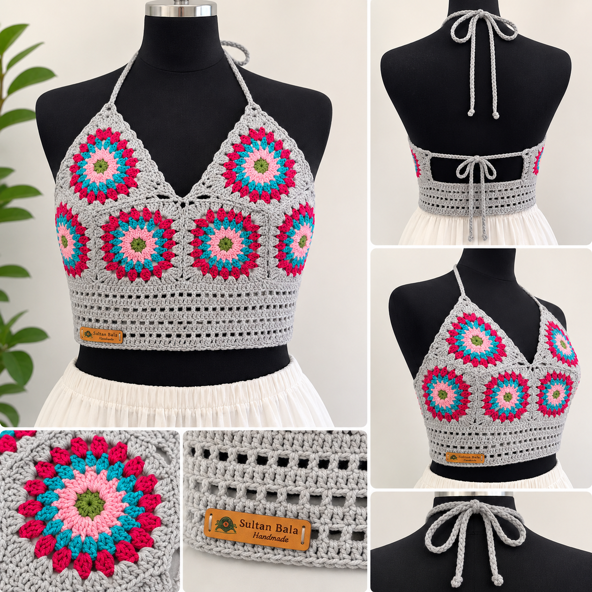 Handmade Crochet Granny Square Bikini Top | Adjustable Halter Boho Bralette | Medium Size | 2 Colors