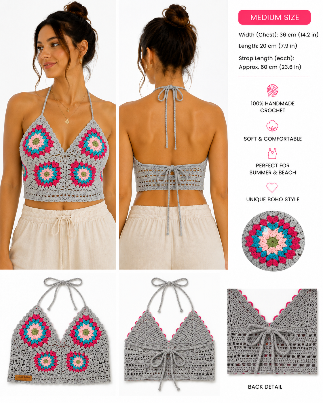Handmade Crochet Granny Square Bikini Top | Adjustable Halter Boho Bralette | Medium Size | 2 Colors