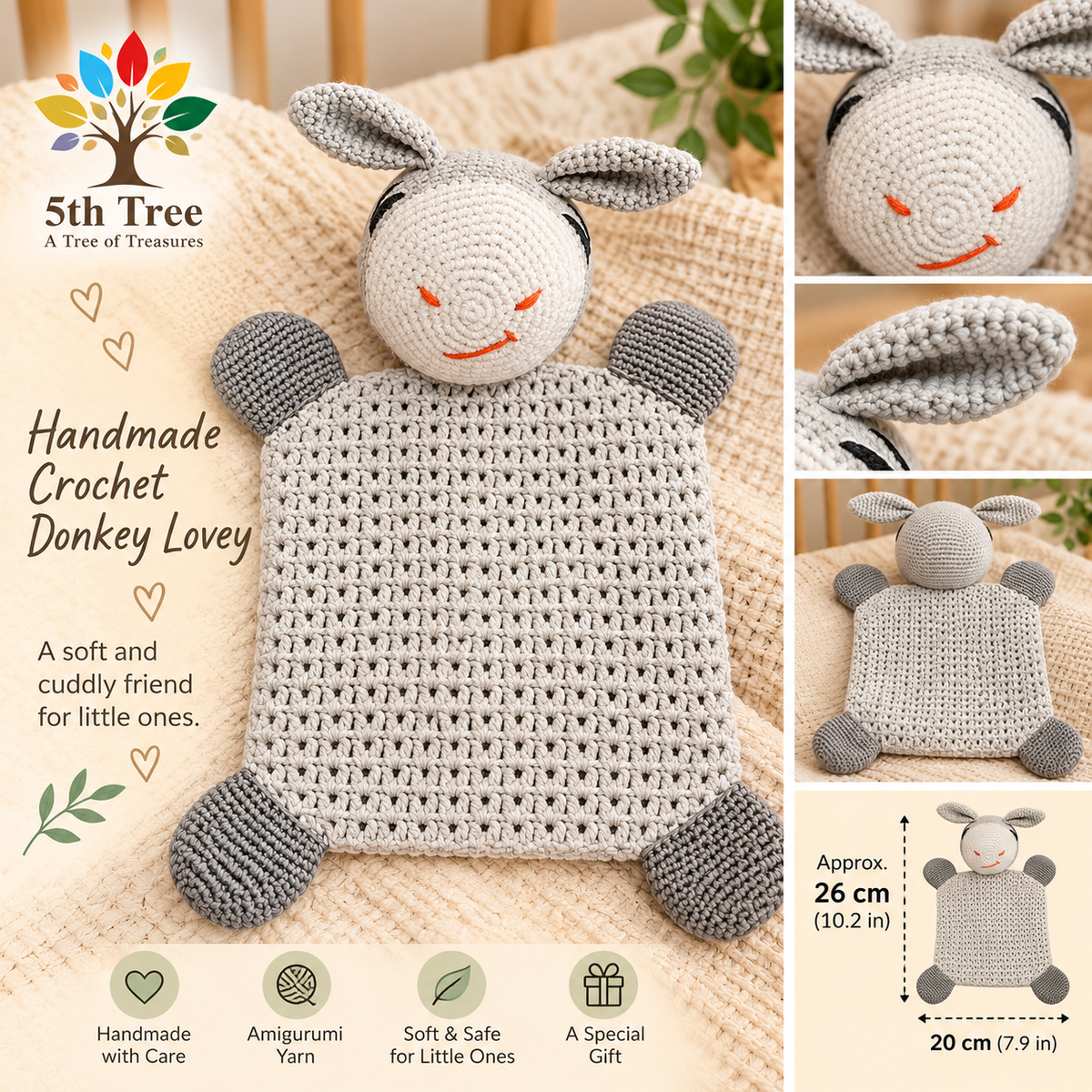 Handmade Crochet Donkey Lovey – Soft Baby Comfort Blanket & Amigurumi