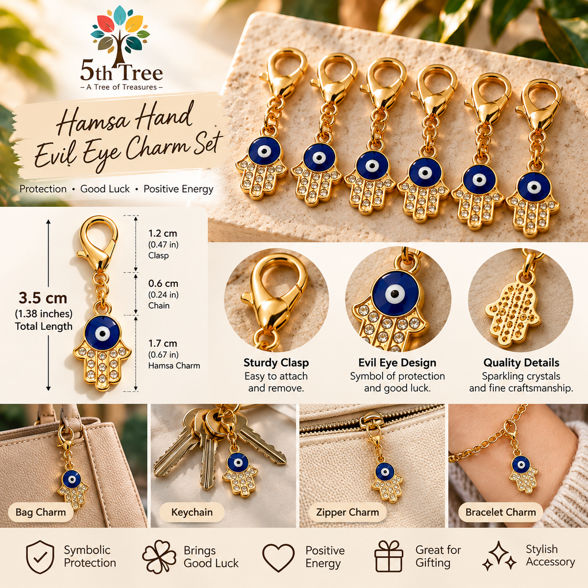 Hamsa Hand Evil Eye Charm – Gold Tone Bag & Zipper Charm