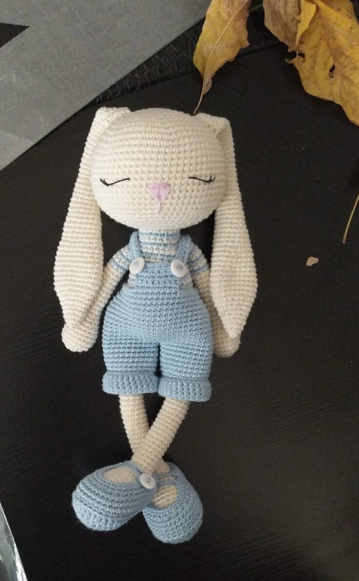 Amigurumi Rabbit Blue Overalls Sleeping Set, 4 pcs, Toy, Rattle , Pacifier, Keychain , Crochet Toy Baby Rattle and Pacifier Holder Set