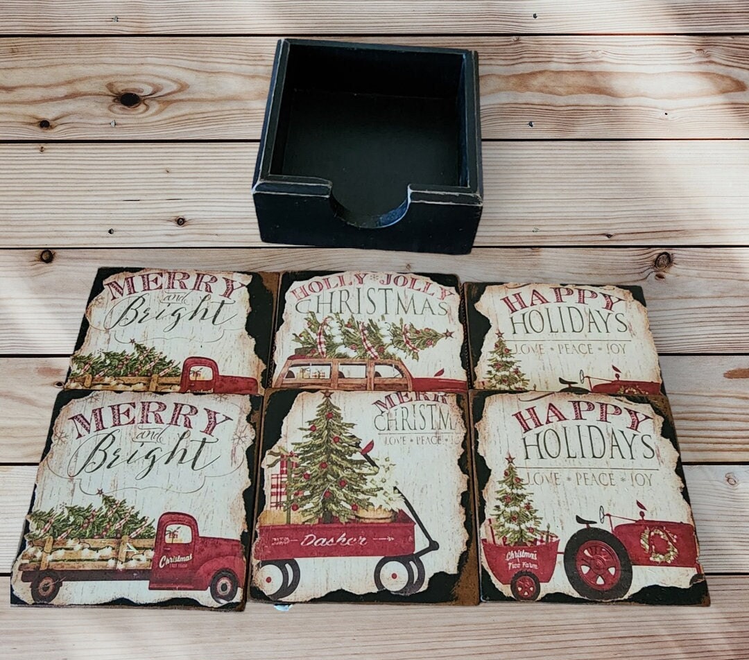 Wood-Painted Coaster Merry Christmas Design, six pcs, Christmas Home and Table Decor, Wood Table Coffee And Tea Coaster.