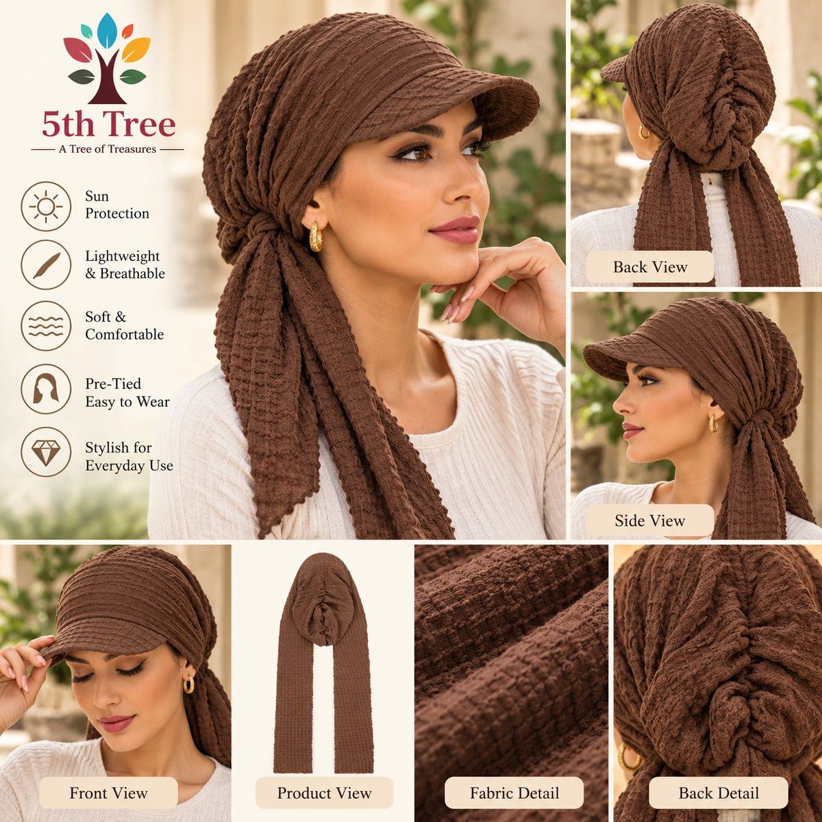 Women's Pre-Tied Scarf Hat with Visor – Textured Casual Head Cover