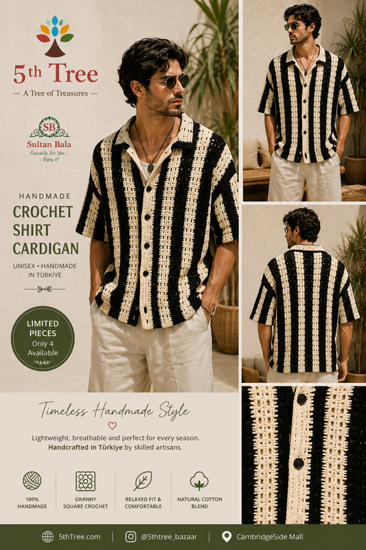 Handmade Striped Crochet Shirt Cardigan – Unisex | Black & Natural