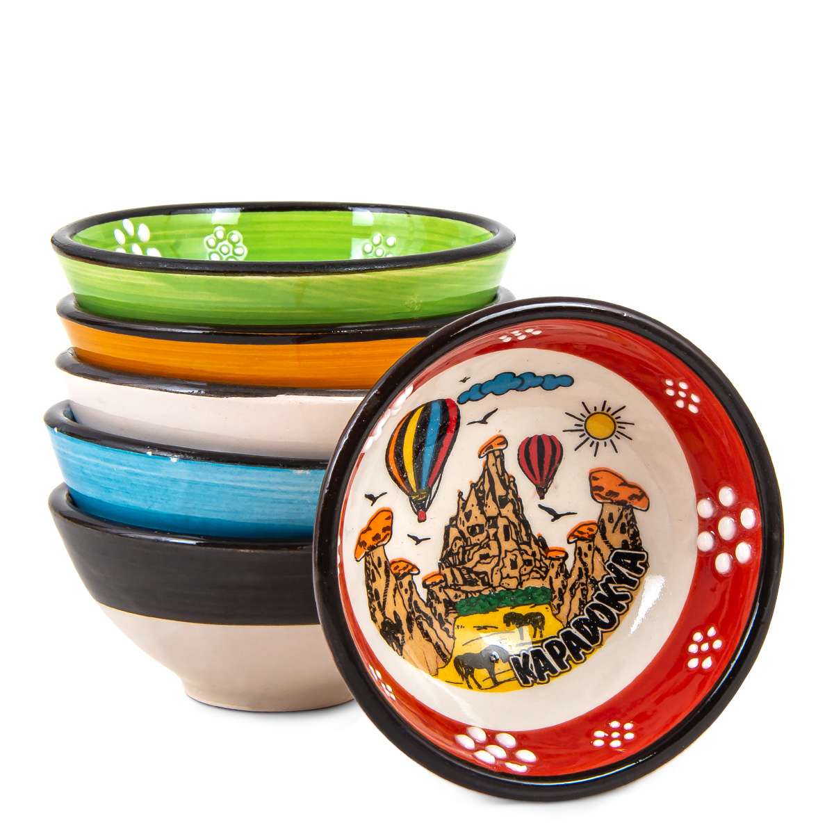 Set of six colorful ceramic mini bowls with printed Cappadocia landscapes and hot-air balloon motifs.