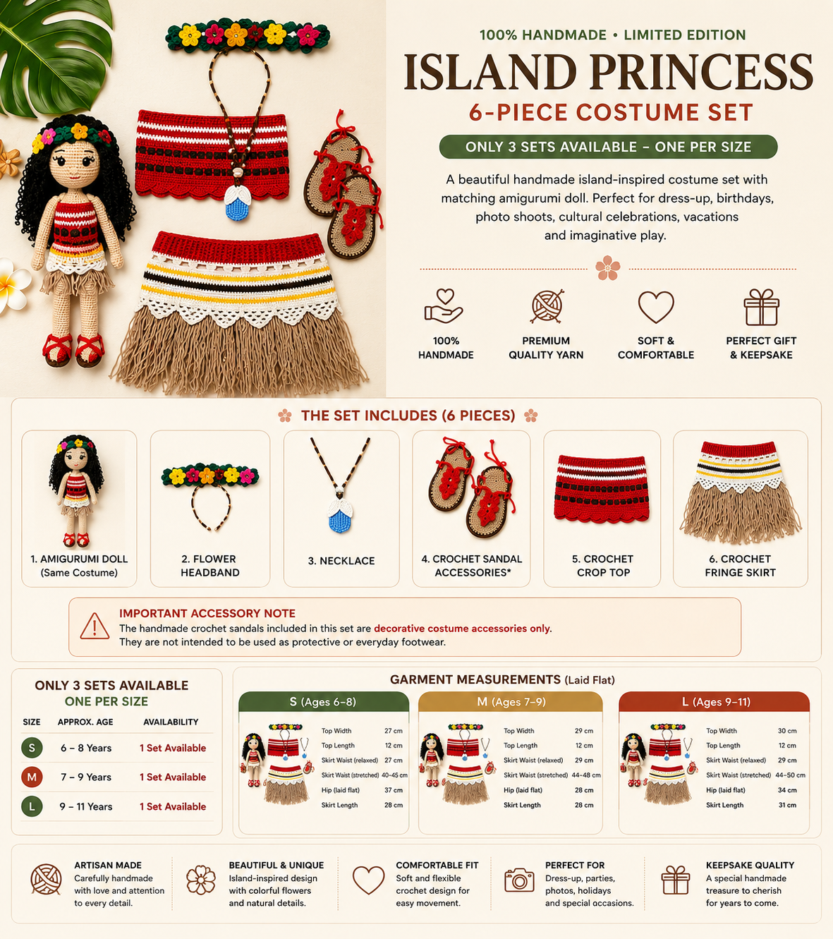 Handmade Crochet Island Princess Costume Set with Amigurumi Doll ā 6 Piece Girls Dress Up Outfit