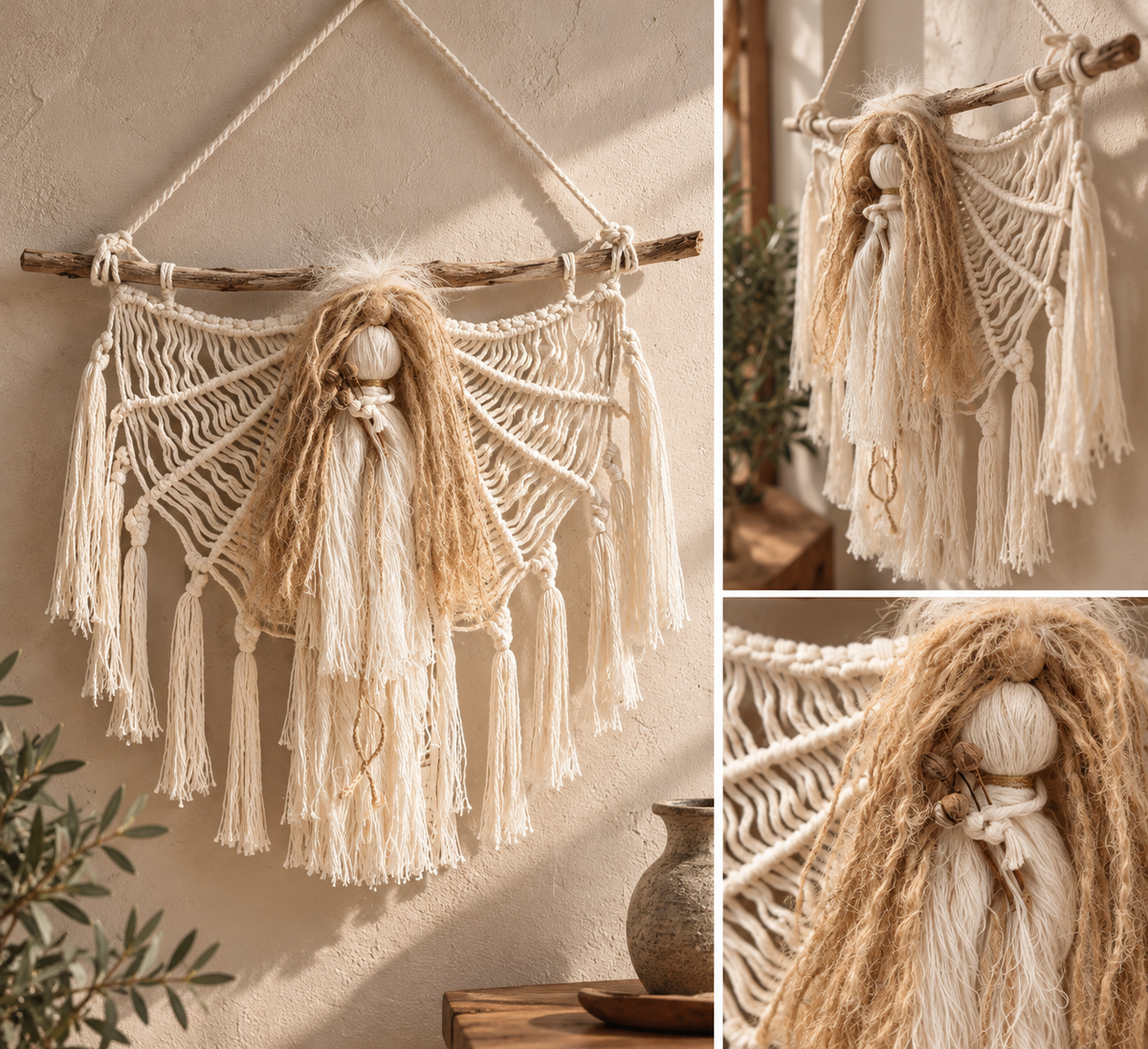 Handmade Macrame Woman on Spider Web Wall Hanging – Boho Fiber Art