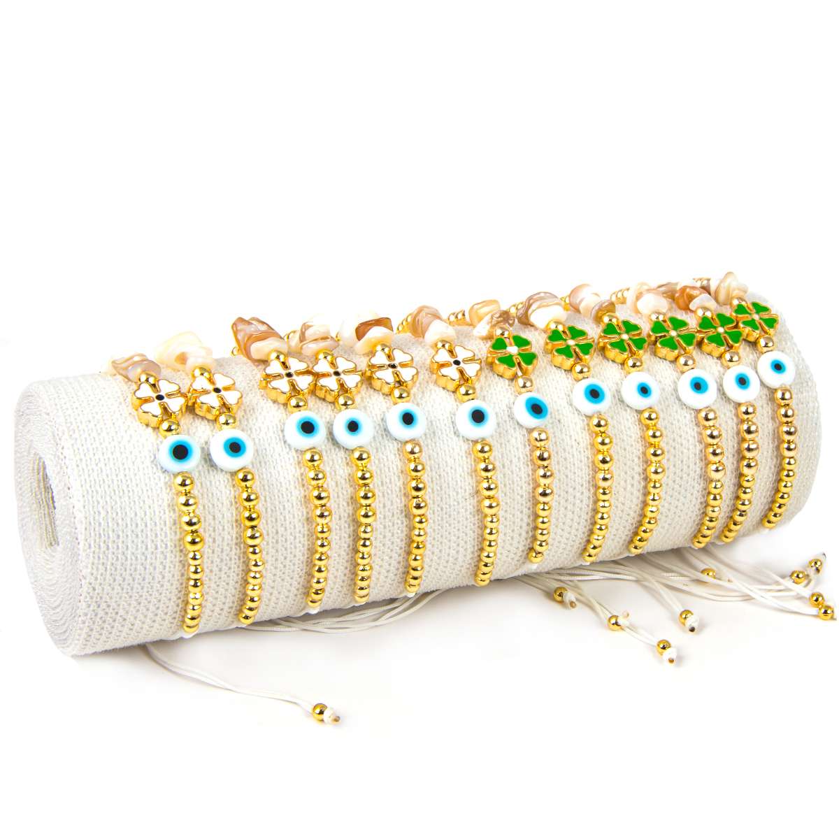 Evil Eye Clover Bracelet – Adjustable Gold Beaded Macramé | Turkish Nazar Jewelry
