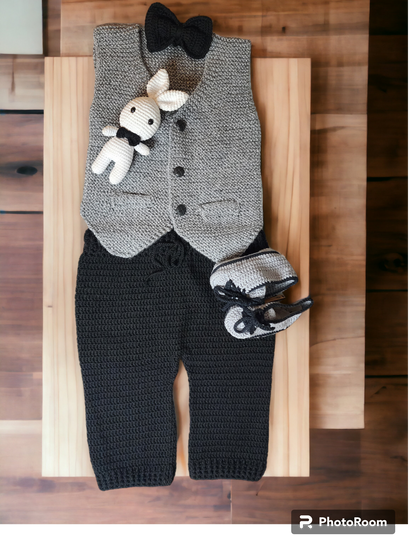 Hand-Knitted 4-Piece Baby Boy Set, 1-2 Years - Bow Tie, Booties, Vest & Pants