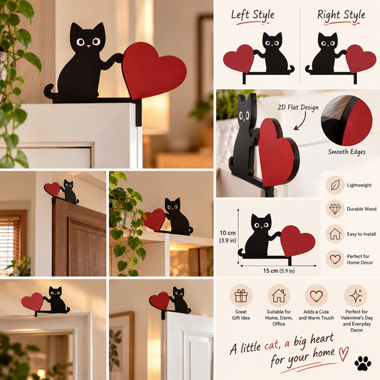 Black Cat & Heart Door Corner Decoration – 2D Wooden Cat Home Decor