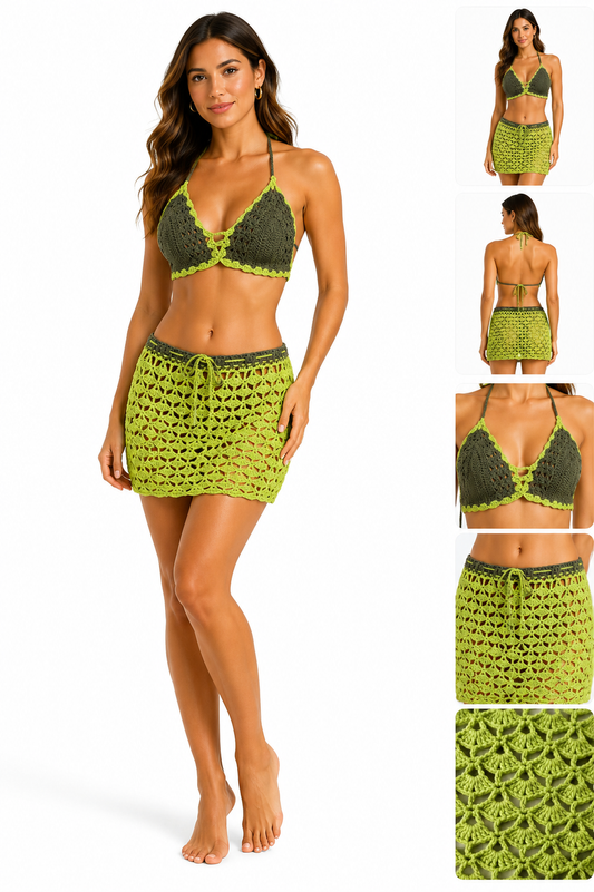 Olive & Lime Green Two-Piece Cover-Up |Handmade Crochet Beach Set |