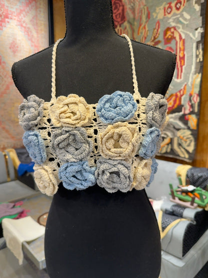 Handmade Crochet 3D Rose Crop Top – Adjustable Back Tie | Boho Summer Festival Top