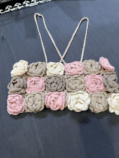 Handmade Crochet 3D Rose Crop Top – Adjustable Back Tie | Boho Summer Festival Top