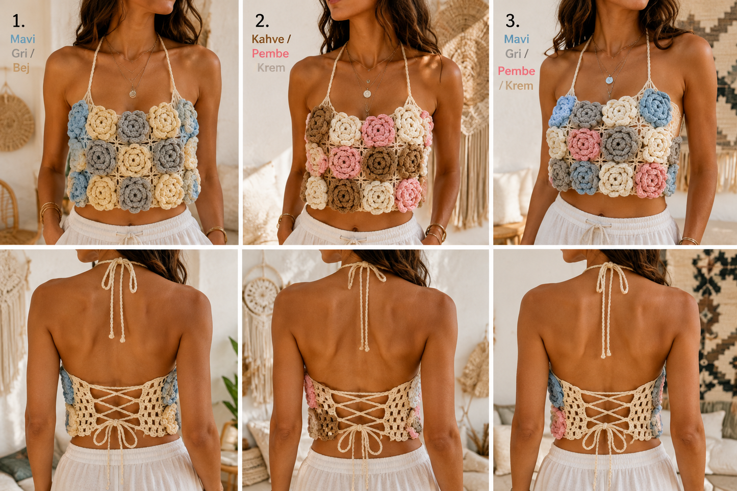 Handmade Crochet 3D Rose Crop Top – Adjustable Back Tie | Boho Summer Festival Top