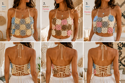 Handmade Crochet 3D Rose Crop Top – Adjustable Back Tie | Boho Summer Festival Top
