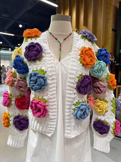 Handmade 3D Floral Crochet Cardigan – White Cotton Knit with Colorful Roses