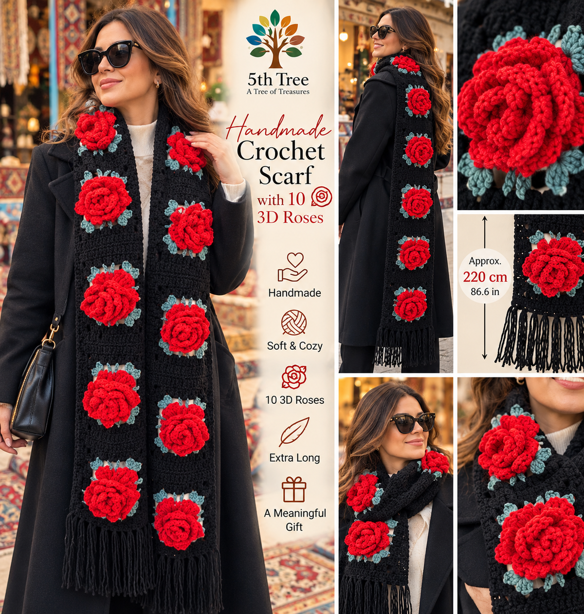Handmade Crochet Scarf with 10 3D Roses – Extra Long Black & Red Floral Scarf