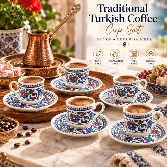 Turkish Coffee Cup Set with Saucer – Iznik Floral, Set of 6