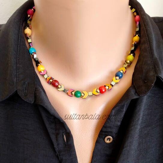 Wood Bead Hematite Necklace