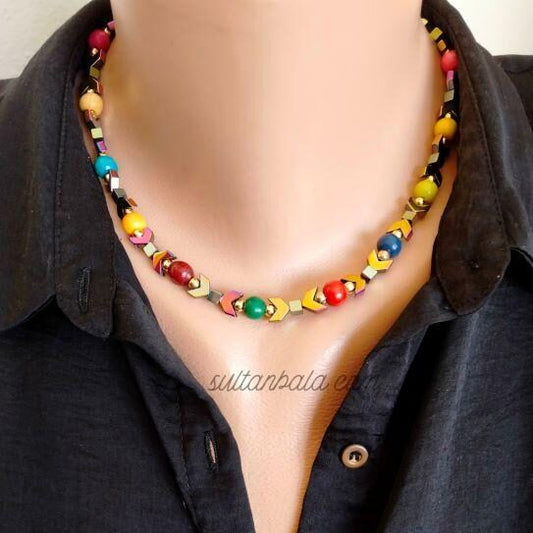 Wood Bead Hematite Necklace