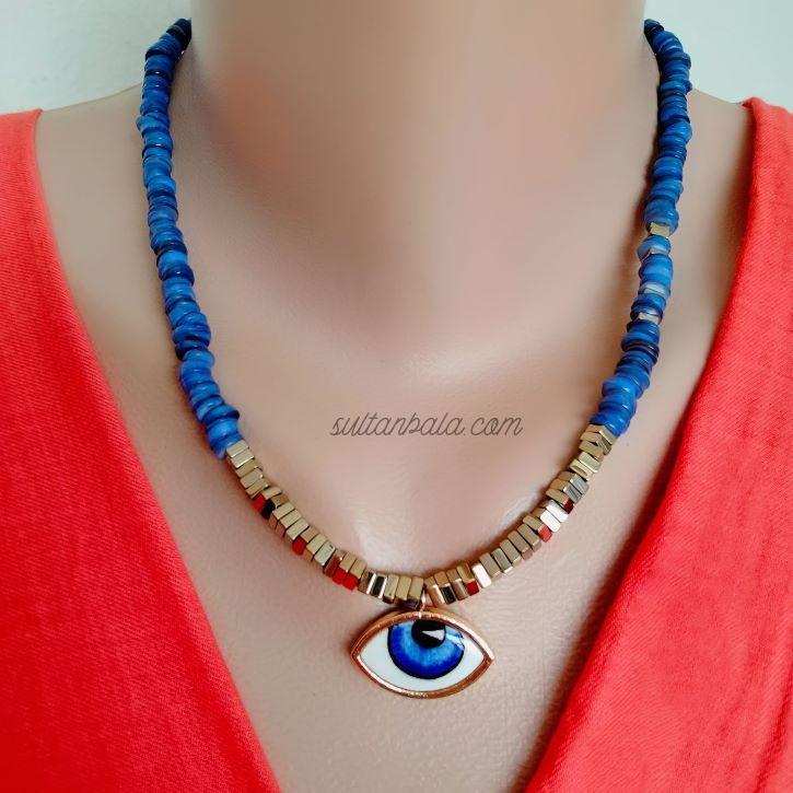 Gold-Plated Porcelain Evil Eye and Mother of Pearl, Hematite Necklace