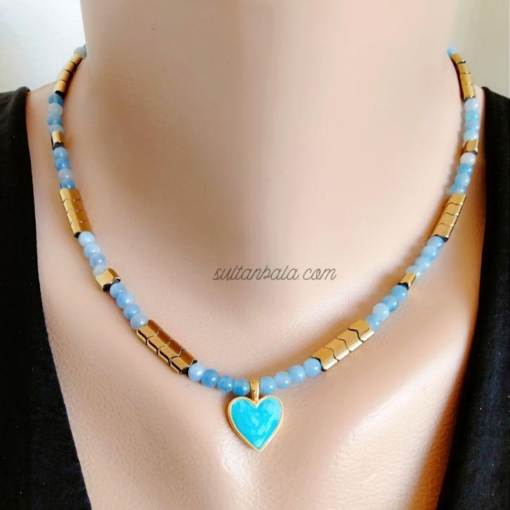 Hematite and Blue Agate Necklace with Heart Charm