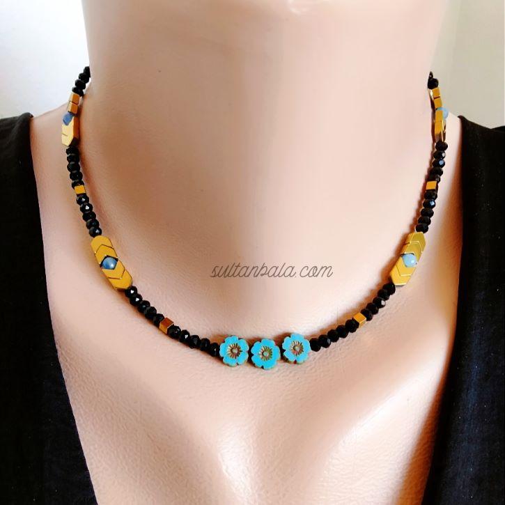 Hematite Blue Agate and Flower Necklace