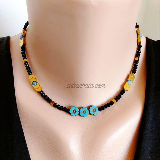 Hematite Blue Agate and Flower Necklace