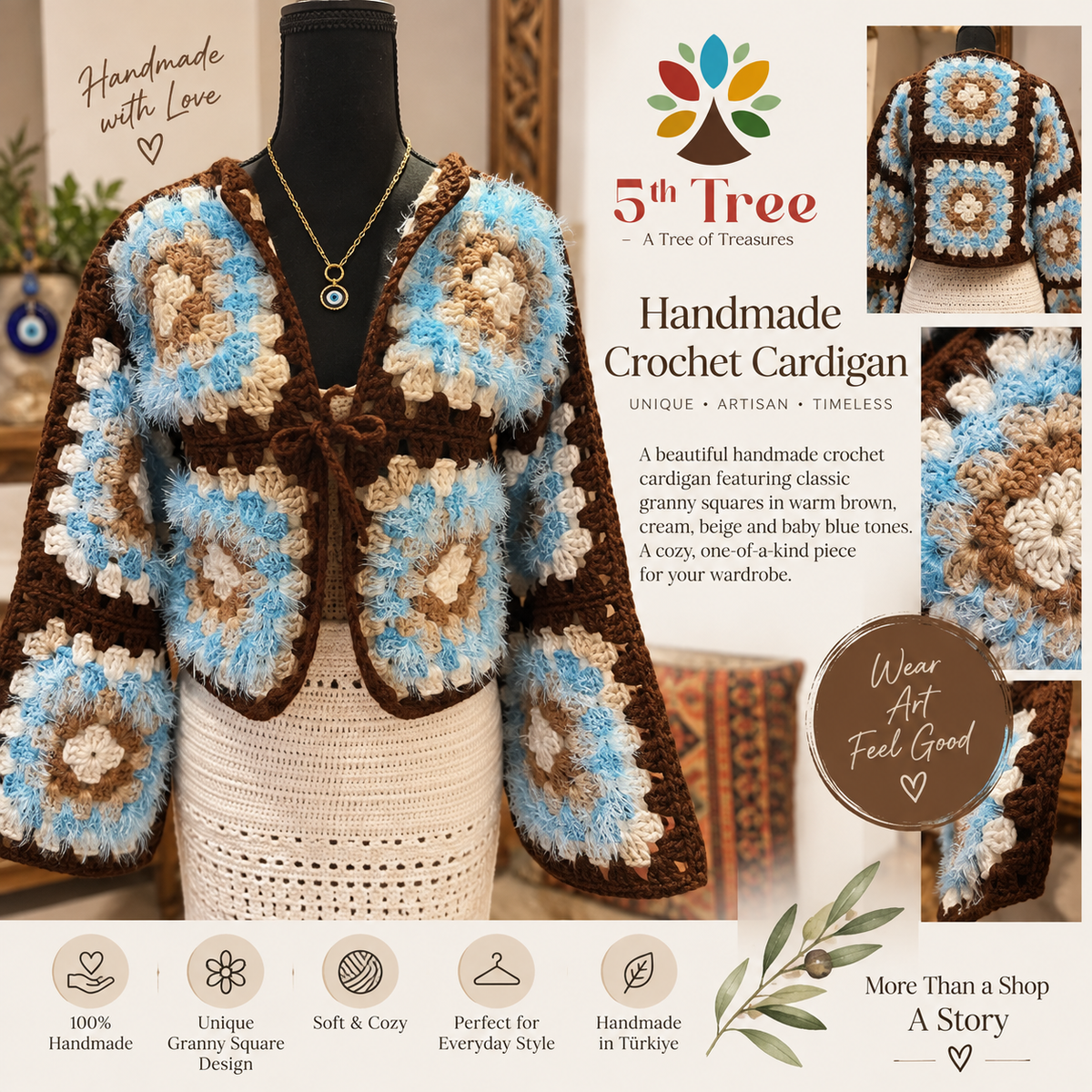 Handmade crochet cardigan with granny square pattern in brown, cream, beige and baby blue tones