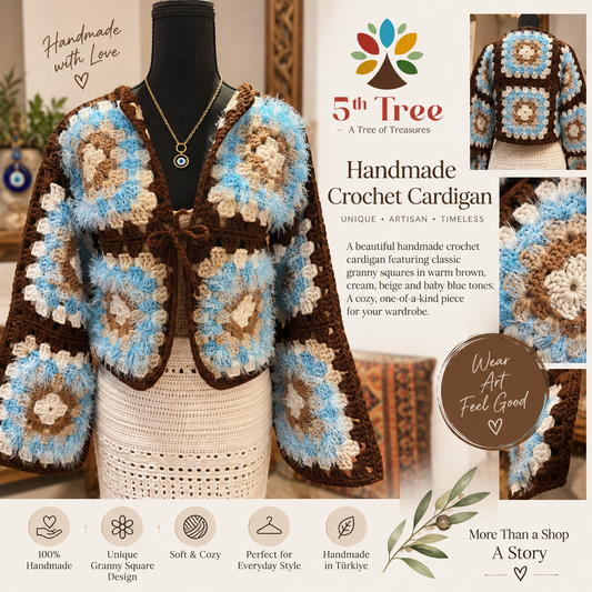 Handmade crochet cardigan with granny square pattern in brown, cream, beige and baby blue tones