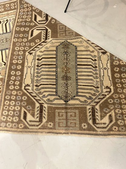 Vintage Turkish Kars Rug – 3x5.8 ft Hand-Knotted Wool Carpet | Geometric Anatolian Design in Neutral Earth Tones - No.12
