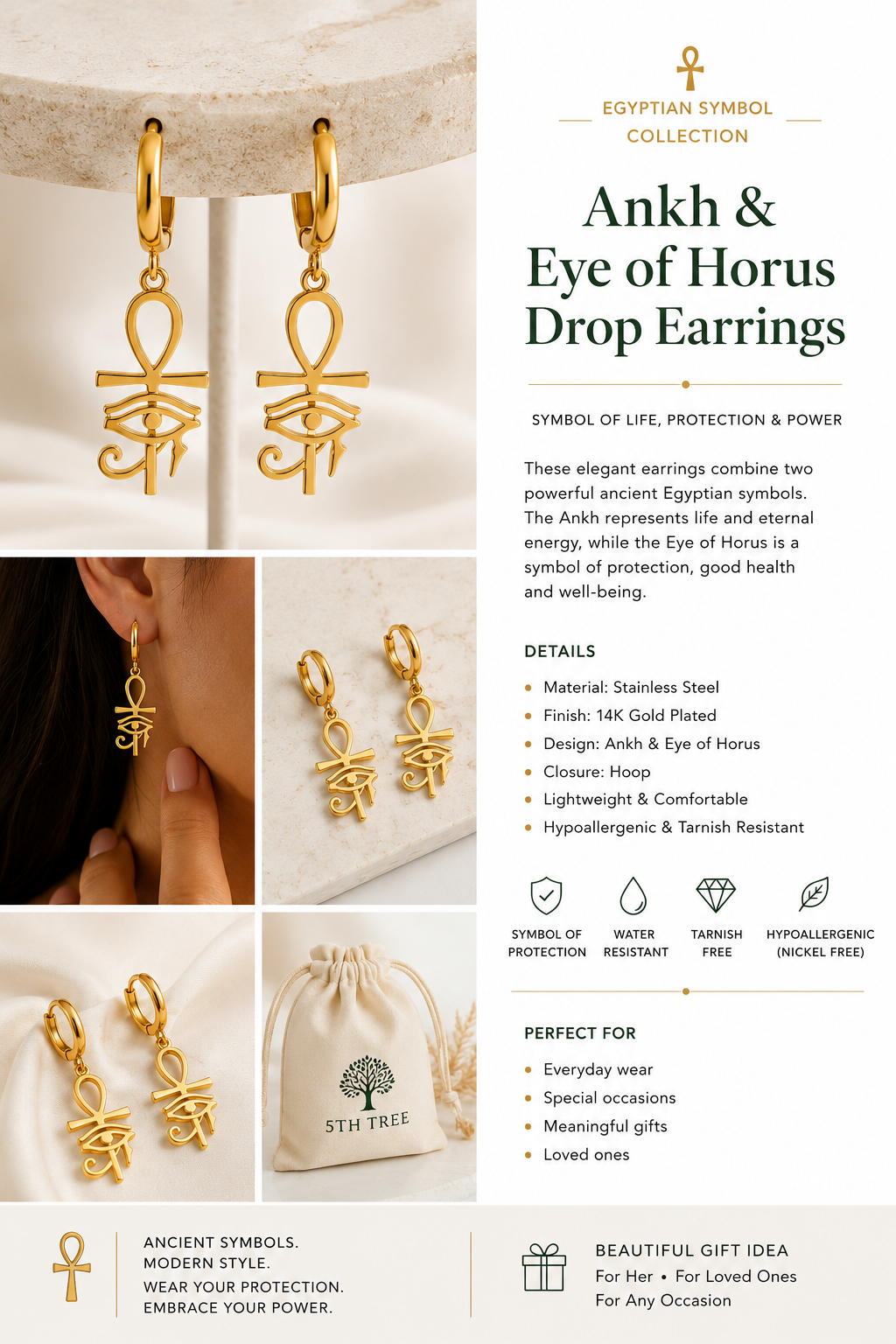 14K Gold Plated Stainless Steel Ankh & Eye of Horus Earrings | Egyptian Protection Jewelry
