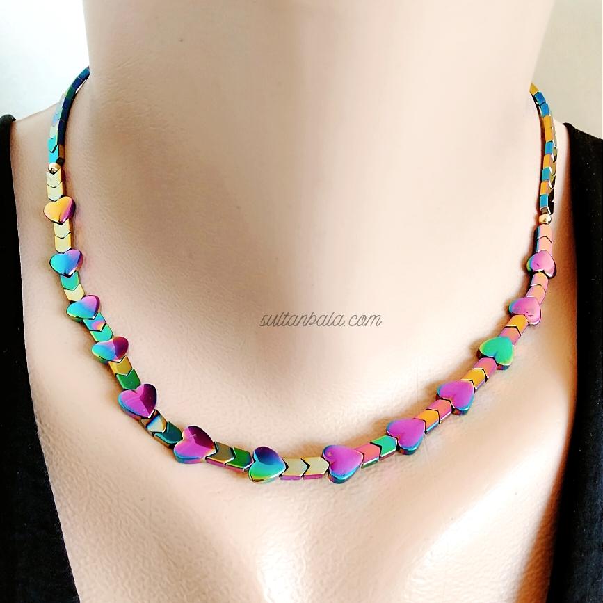Rainbow Heart Hematite Nck